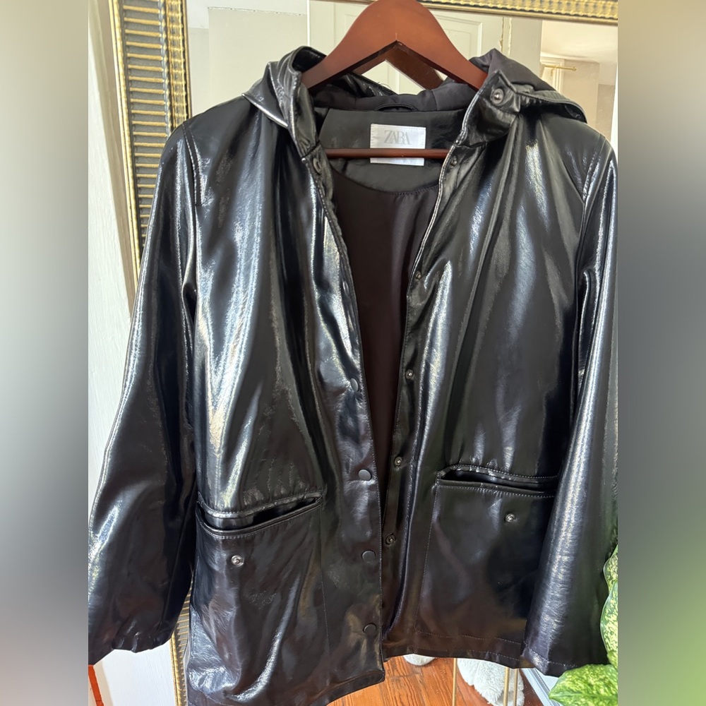 ZARA Faux Leather Hooded Jacket — Size 13-14 (fits XS/S women)